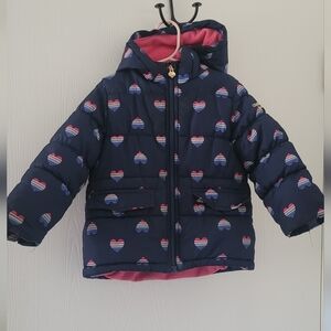 OshKosh B'gosh Girls Navy Blue Puffer Jacket Sz 4T MultiColor Heart Print Pocket